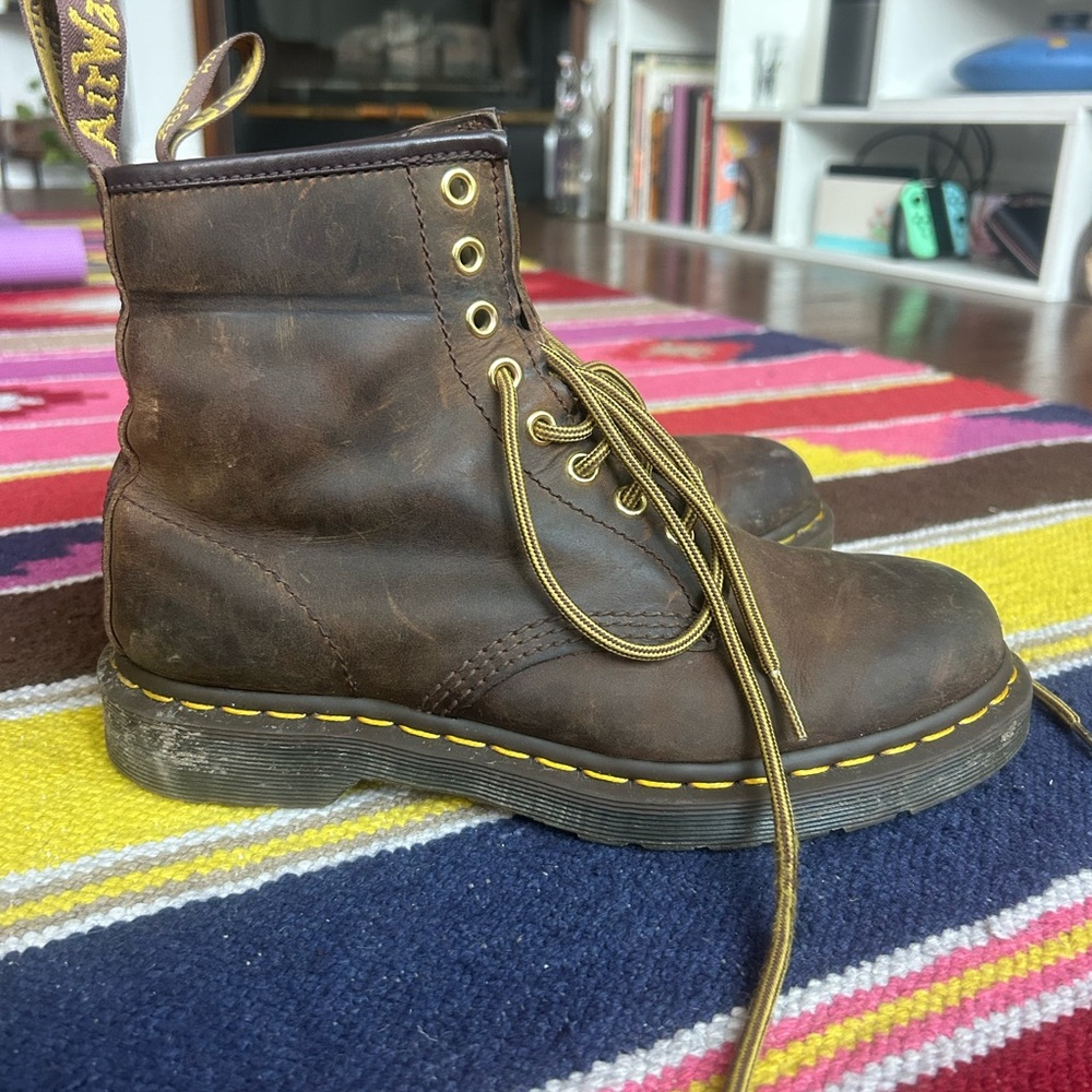 Dr. Martens Brown Leather 6-Eye Lace-Up Boot with Yellow Stitching